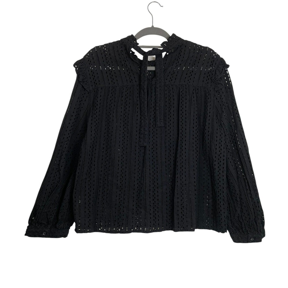 Madewell Large Black Eyelet Lace Ruffle Tie‎ Neck Victorian Prairie Blouse